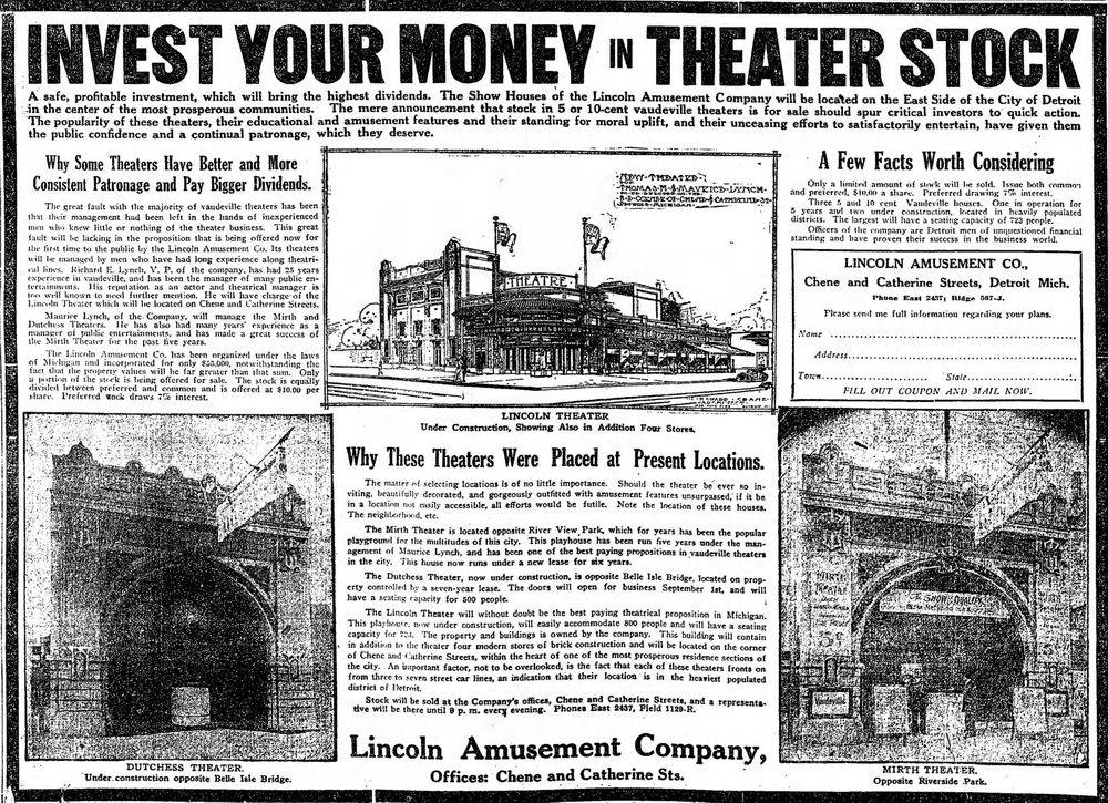 Mirth Theatre - 1912 Article On Theater Investment Includes Mirth